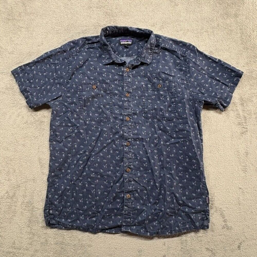 Patagonia Short Sleeve Button Up Shirt Mens‎ Blue XL All Over Print Acorn